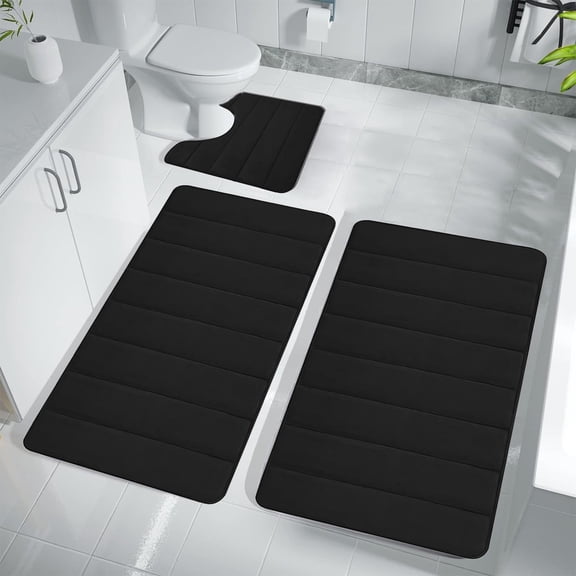 3 Piece Thick Foam Bathroom Mat Set, Latex Non-Slip Bottom Dark Bath Rugs, Soft Comfortable Water Absorbent Fast Drying Machine Washable Toilet Mats