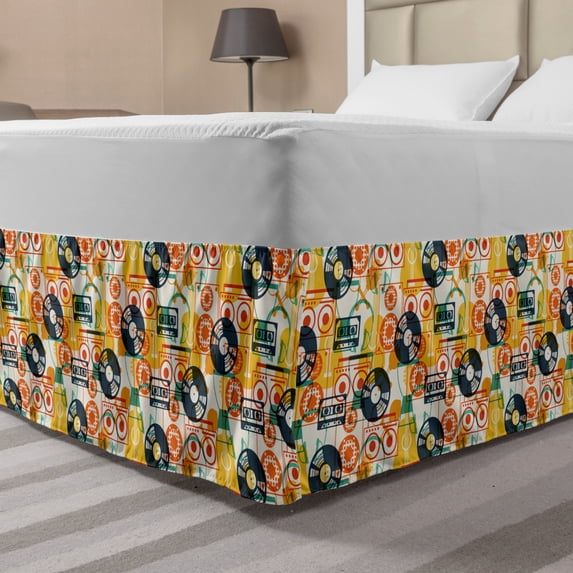 Music Bed Skirt, Pattern with Musical Instruments in Flat Design Style Cassette Radio Vinyl Nostalgic, Elastic Bedskirt Dust Ruffle Wrap Around for Bedding Decor, 4 Sizes, Multicolor, by Ambesonne