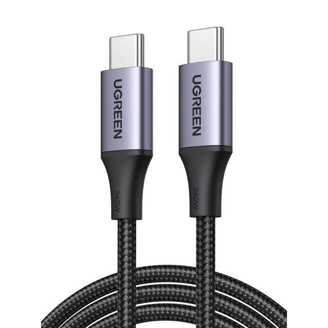 cable usb c a c ugreen nylon 1m pd 3.1 carga rápida compatible iphone 16 macbook 2024 ipad pro air g Cable USB-C UGREEN negro 1 m con nylon trenzado y conectores tipo C metálicos en vista frontal; mangas de goma negras con marcación '240W' y cuerpos metálicos grises con logo UGREEN. Diseñado para carga PD 240W y transferencia de datos hasta 480 Mbps, adecuado para oficina, hogar y viajes en México; a menudo usado también para cargar hubs o baterías portátiles.