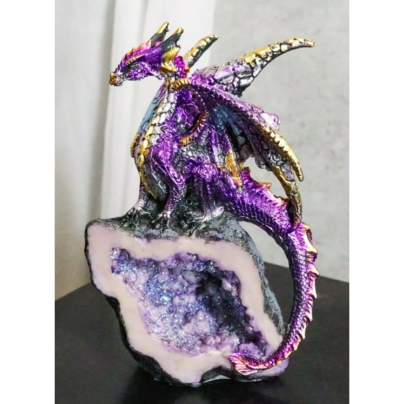 Midnight Space Purple Iridescent Dragon On Faux Geode Rock Crystal Cove Figurine