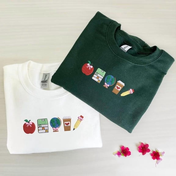 School Icons Teacher Life Embroidered Sweatshirt, Teacher Crewneck, Teachers Day Gift Ideas, Cool Teacher Gift