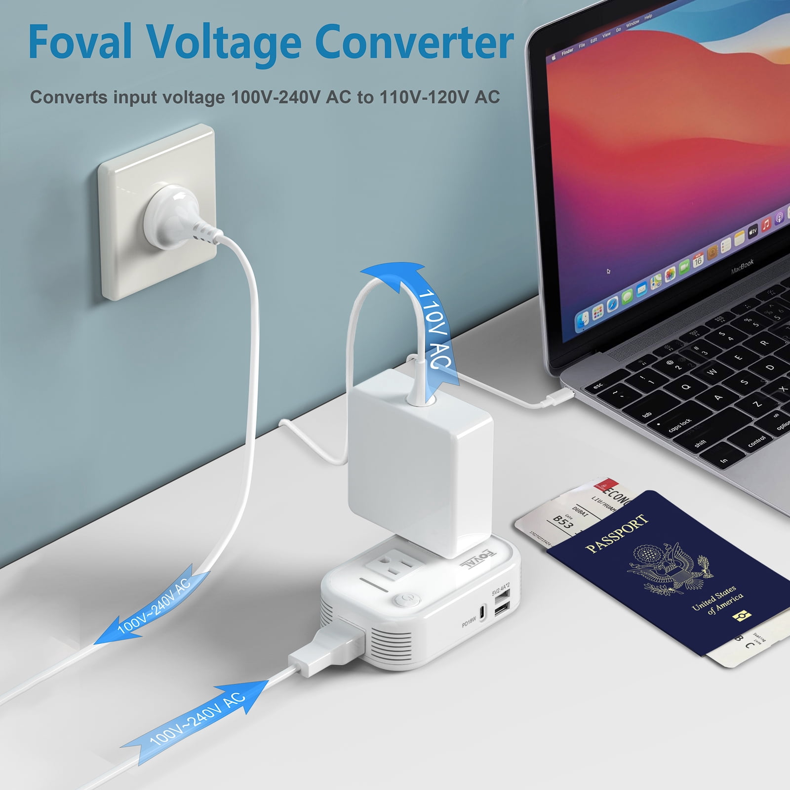 220V to 110V Converter Travel Adapter: FOVAL International Power Converter with [18W PD USB-C] 3 USB Ports 2 AC Outlets Voltage Converter US to Europe UK AU US Italy Worldwide Plug Power Adapter White