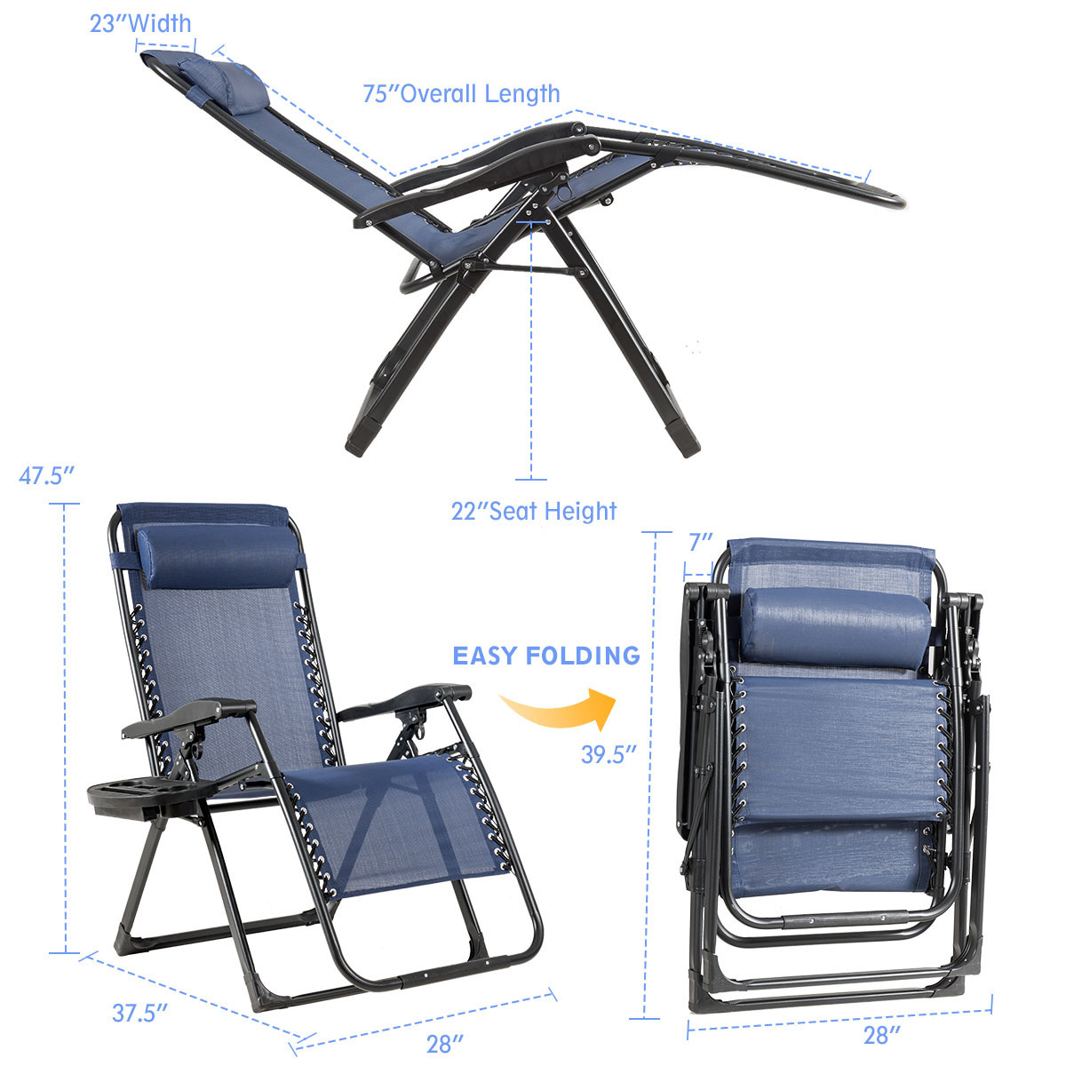 2PC Zero Gravity Chair Oversize Lounge Patio Heavy Duty Folding Recliner Blue - image 2 of 10