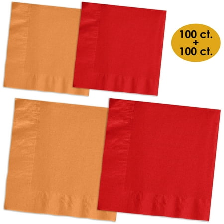 Autumn Napkins 200 Napkins - Autumn Orange & Red - 100 Beverage Napkins + 100 Luncheon Napkins, 2-Ply, 50 Per Color Per Type ()