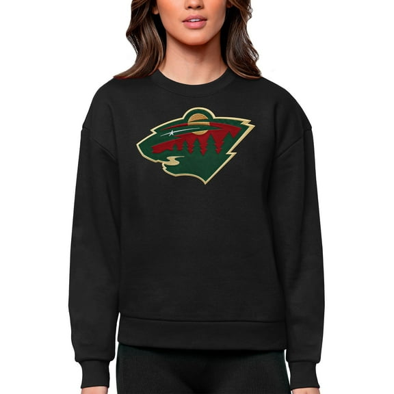 Women's Antigua Black Minnesota Wild Primary Logo Team Logo Victory Crewneck Pullover Sweatshirt