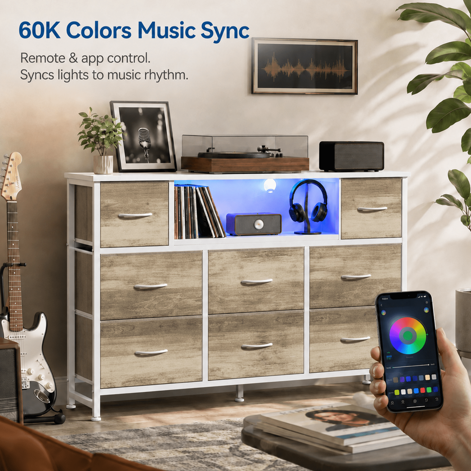 Alvantor Dresser TV Stand for 45, 50, 55 inch TV, Entertainment Center with LED Lights & Charging Station, Chest of Drawers with 8 Fabric Drawers and Open Shelves for Living Room, Hallway, Wood Top