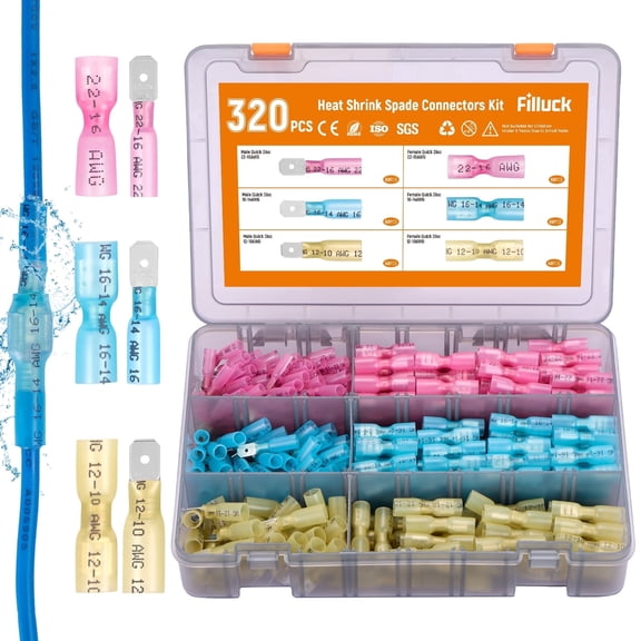 Filluck 320PCS Heat Shrink Spade Connectors, 22-10 AWG Quick Connect Disconnect Wire Connectors, Female & Male Insulated Electrical Crimp Terminals Kit for Automotive Marine Industrial