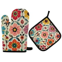 Yayeee Oven Mitts and Pot Holder Set of 2 Heat Resistant Kitchen Gloves Baking Hot Pad, Colorful Flowers