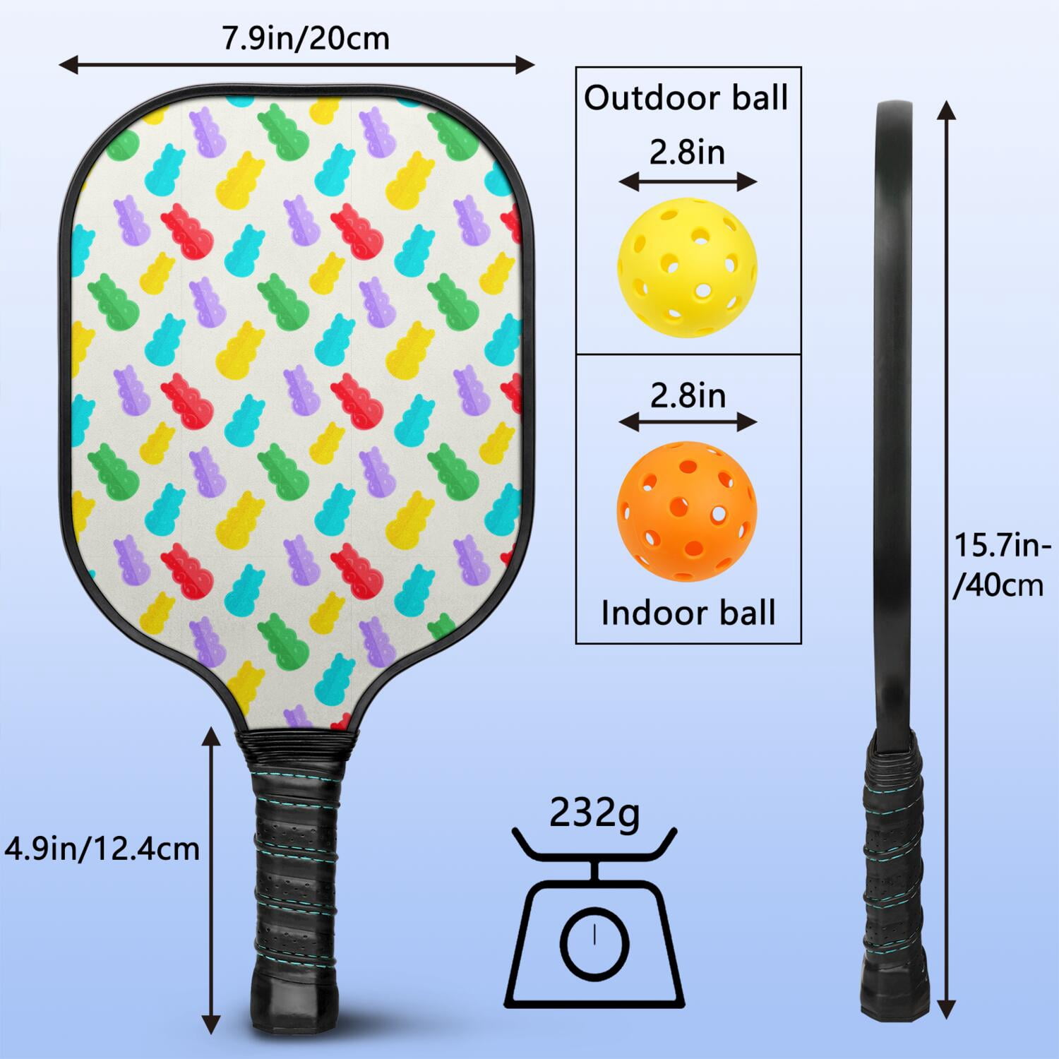 Pickleball Paddles Set Of 2, Fiberglass Surface, Sweet Candy Print, 4 Balls & Bag