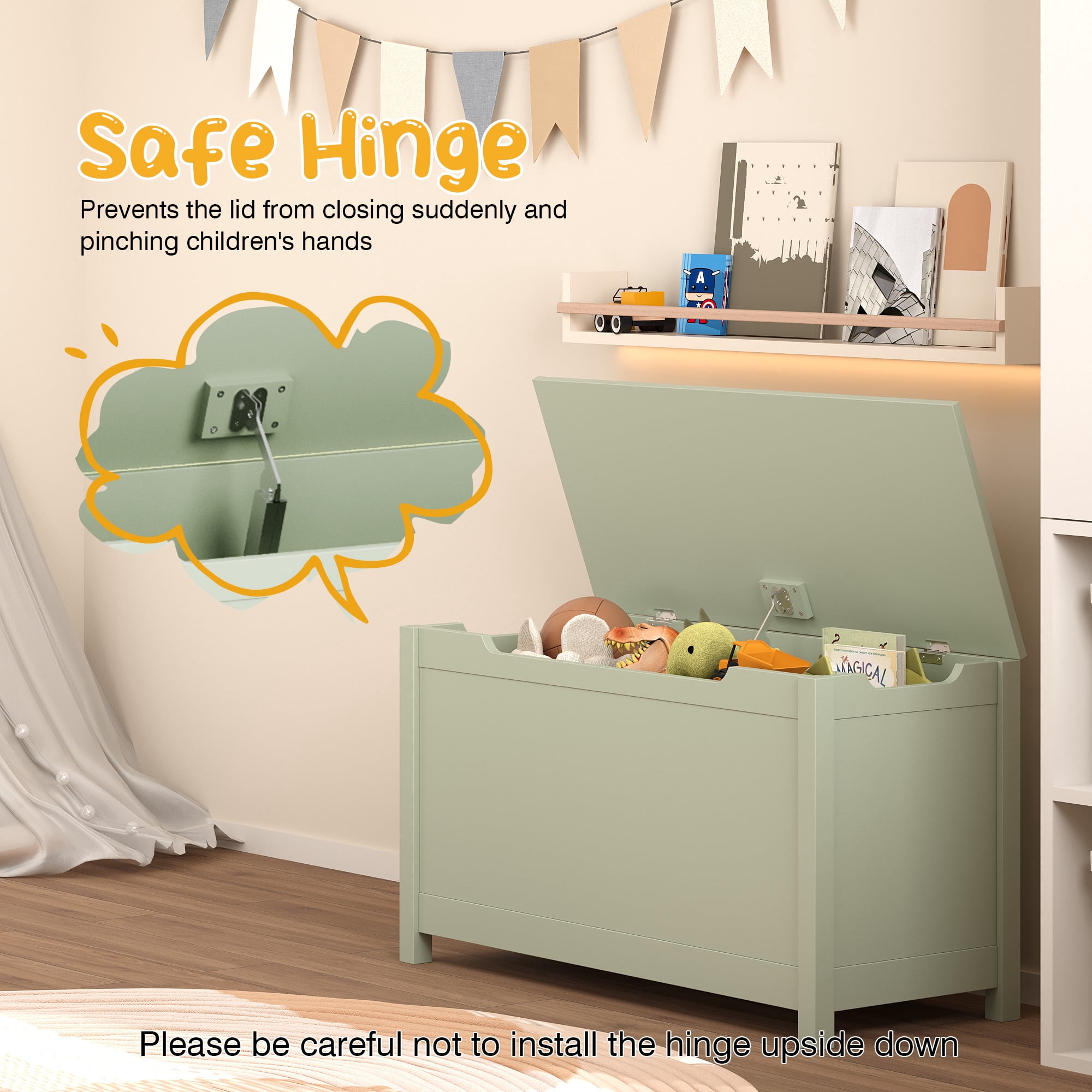Leumius Kids Wooden Toy Box Storage Organizer with Safety Hinged Lid,Modern Toy Chest for Nursery,Playroom,Sage