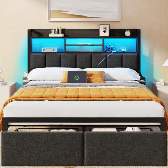 Queen Platform Bed Frame With Upholstered Headboard, LED Lighting, Charging Station & Storage Drawers - Full