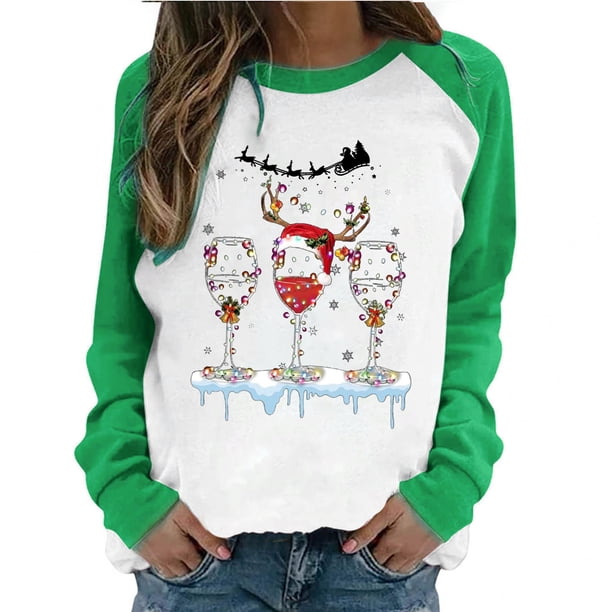 Tops Para Mujer Camisas de Manga Larga Otoño Primavera Patchwork Navidad Impreso Cuello Redondo Camiseta Casual Odeerbi ODB149933