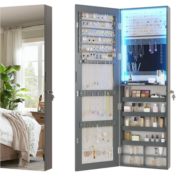 Vlsrka 47.2" LED Grey Jewelry Mirror Cabinet,Wall/Door Mounted Jewelry Armoire Organizer with Full-Length Mirror, Large Capacity Storage Hanging Cabinet, 4 Drawers, 5 Shelves, Built-in Lighted Mirror