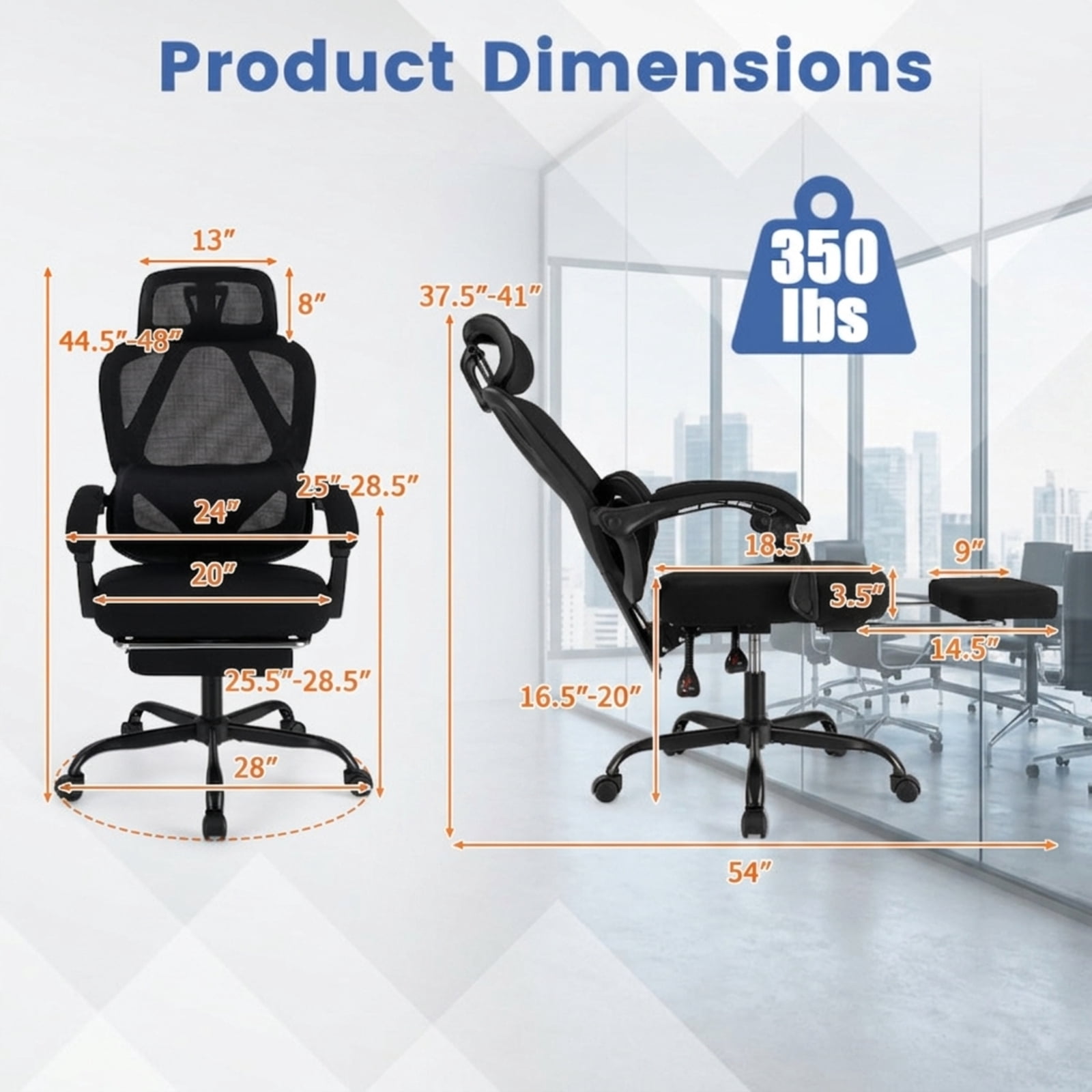 Furnibear Ergonomic Office Chair High Back Mesh Desk Chair with Retractable Footrest Adjustable Headrest and Lumbar Support, Black