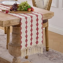 Fancy Homi Red Boho Cotton Polyester Table Runner 108 inches Long, Farmhouse Macrame Table Runners with Tassels for Home Party Bohemian Rustic Bridal Shower Kitchen Dining Decor 12x108 inches