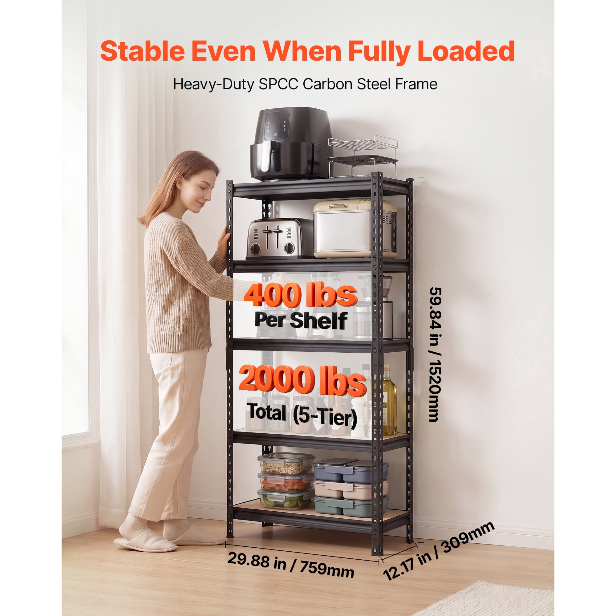 KFFKFF 5-Tier Adjustable Storage Shelves, 2000 lbs Capacity, Heavy Duty Metal Rack for Garage, Kitchen, Basement, or Bathroom, 29.88" W x 12.17" D x 59.84" H