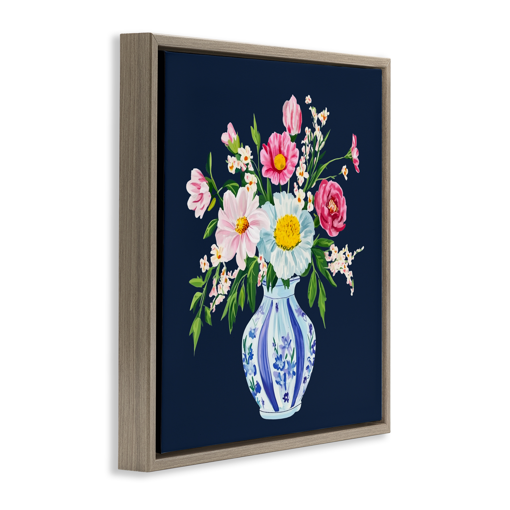 Spring Chinoiserie Vase Brown Framed Floater Canvas Wall Art, design by Yen