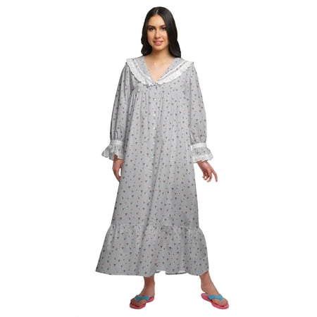 

Moomaya Printed V-Neck Sleepwear Cotton Ruffled Border WoMen s Maxi Nightdress