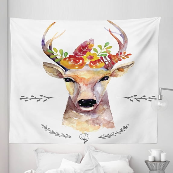 Indie Tapestry, Deer Portrait in Watercolor Painting Style Boho Flower Bouquet Hipster Rustic Art, Fabric Wall Hanging Decor for Bedroom Living Room Dorm, 5 Sizes, Multicolor, by Ambesonne