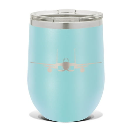 

F-15 Eagle Wine Tumbler 12 oz - Laser Engraved - Polar Camel - Stainess Steel - Vacuum Insulated - Double Walled - Wine Glass - Stemless - Drinkware Clear Lid - f15 fighter aircraft - Light Blue