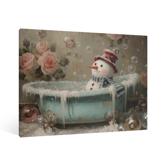 Vintage Christmas snowman in the bathtub Wall Art Paint - Retro Xmas Festive Winter Holiday Christmas Wall Decor Canvas for Living Room Kitchen Bathroom Home Bedroom Decor Framed