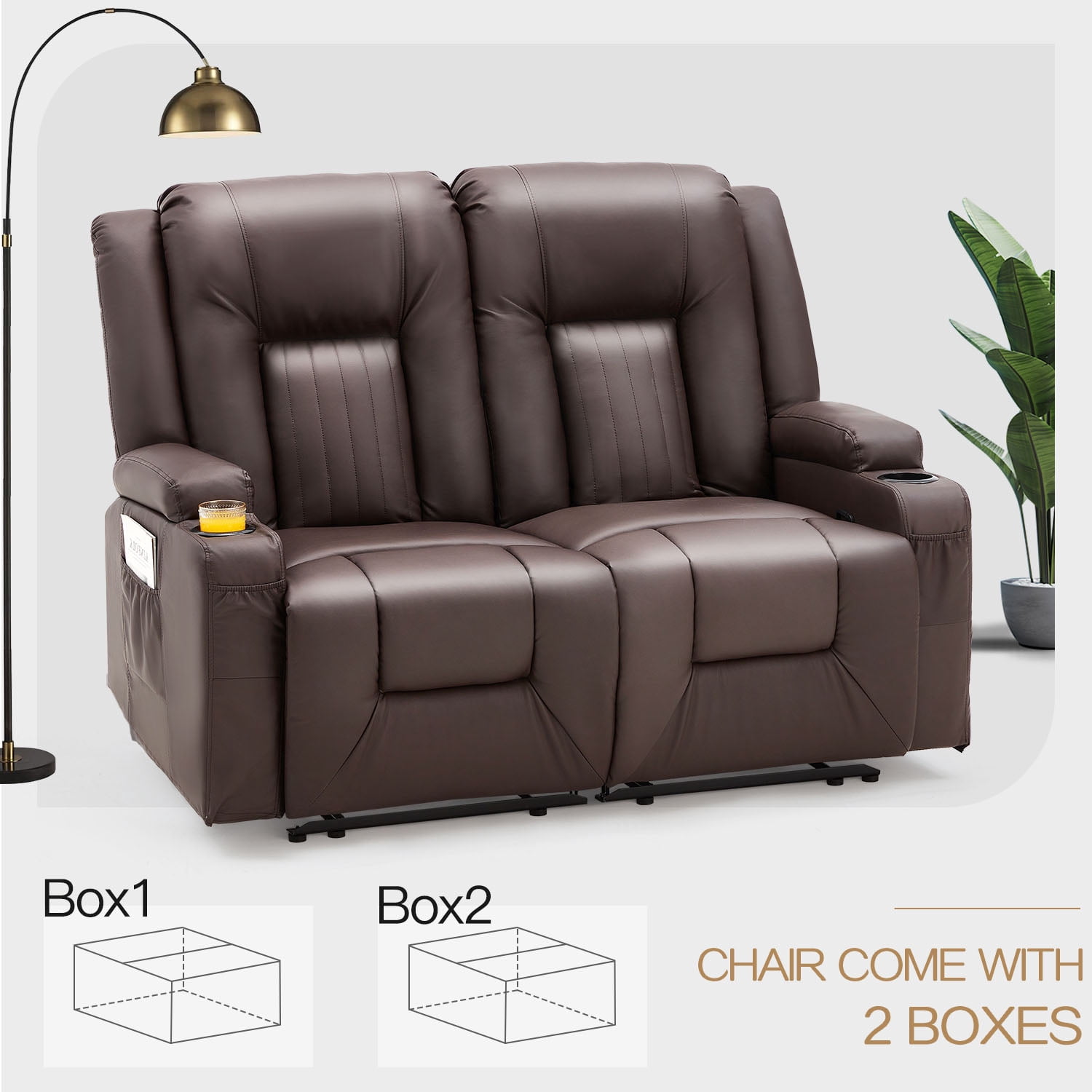 AECOJOY Manual Reclining Loveseat with Cup Holders&Side Pockets, PU Leather Double Recliner Loveseat  Home Theater Seating-Brown