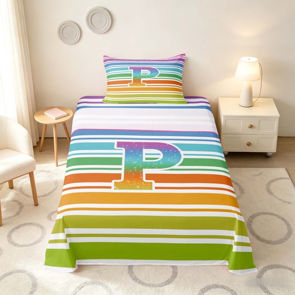 Manfei Rainbow Stripe Monogram Twin Sheets, Glitter Letter P Bedding, Multicolor White, Polka Dots Reversible 3-Piece1 Flat Sheet 1 Fitted Sheet 1 Pillowcase