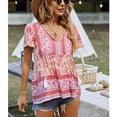 thumbnail image 3 of Mujer Estampado floral Cuello en V Camisa Botón Correa delantera Cuello Manga con volantes Verano Casual Suelto Top Rosa XL, 3 of 6