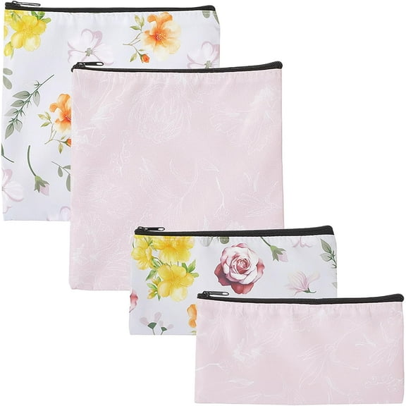 4Pcs 2 Sizes Reusable Sandwich Snack Bags Flower Leaves Plants Pattern Polyester Waterproof Washable Fabric Zipper Lunch Pouches Food Storage Bags