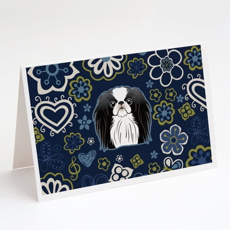 Blue Flowers Japanese Chin Greeting Cards and Envelopes Pack of 8