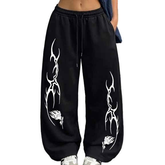 Women Vintage Y2K Tribal Abstract Graphic Wide Leg Sweat Trousers Soft Elastic Drawstring Relaxed Cut Street Pants for Indie Daily Casual Outfits