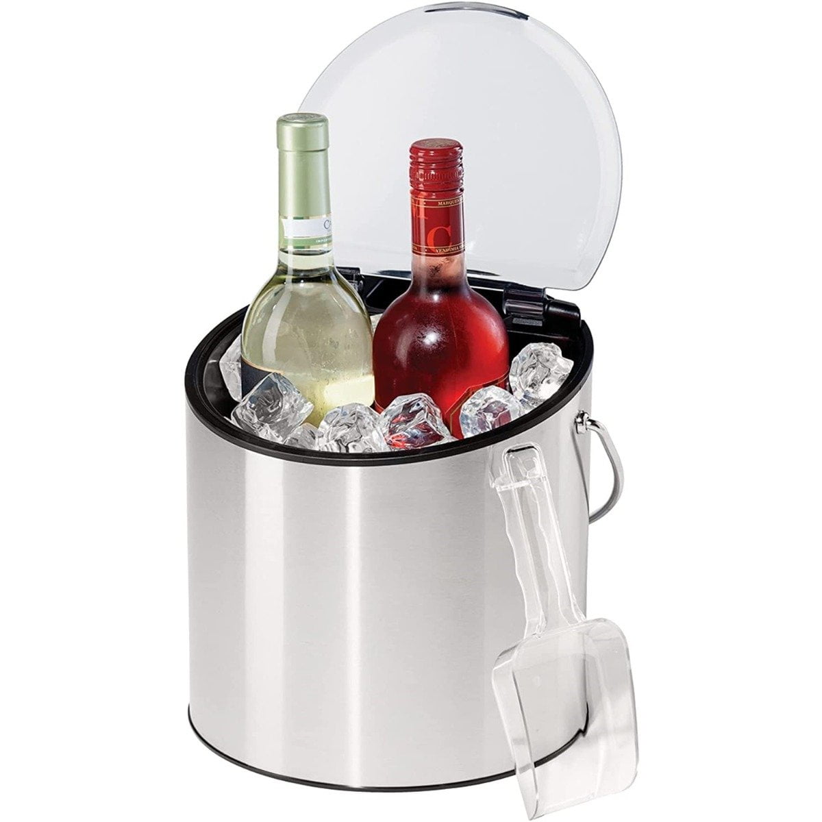 Oggi Qt. Wine Bucket w/ Ice Scoop, Clear Lid, Large  Suited to Chill Wine,  Holds Bottles, Stainless Color Model