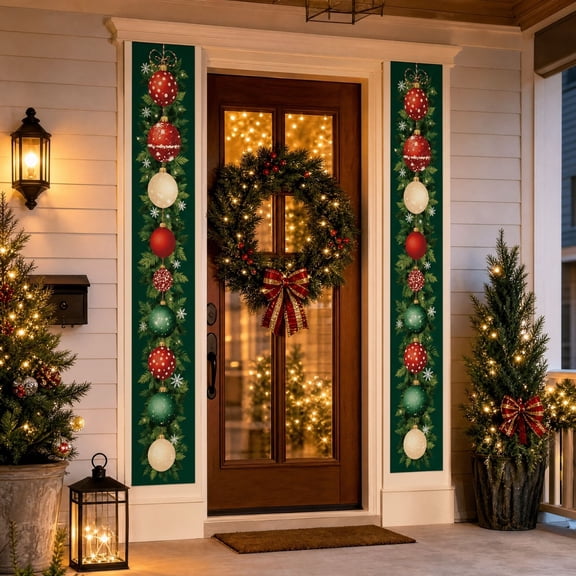 CASAVYNE Christmas Door Banner with Ornament Pattern, Green Hanging Decoration for Front Door, Holiday Porch Sign, Festive Indoor Outdoor Accent