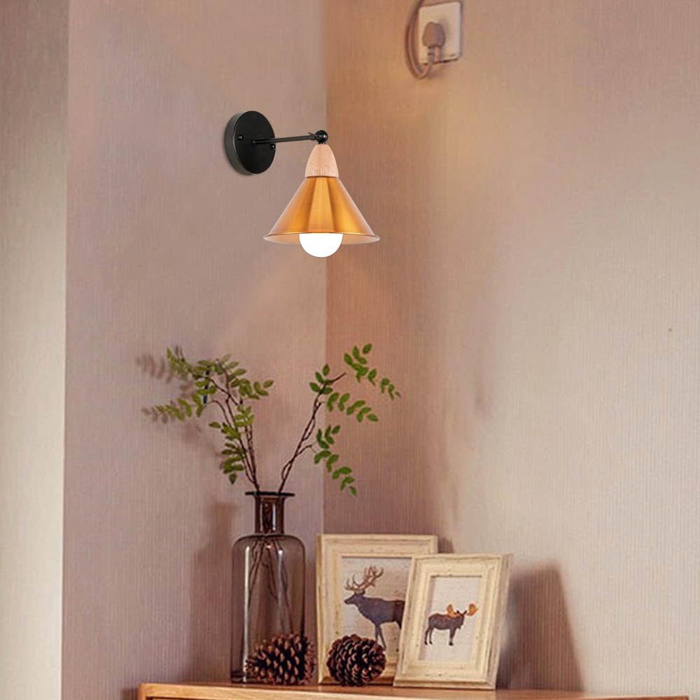 KAYYELAMP Retro Wall Sconce Battery Run Remote Dimmable Lighting Wood Base Gold Metal Shade Industrial Style for Dorm Stairways Laundry Room 2-Pack