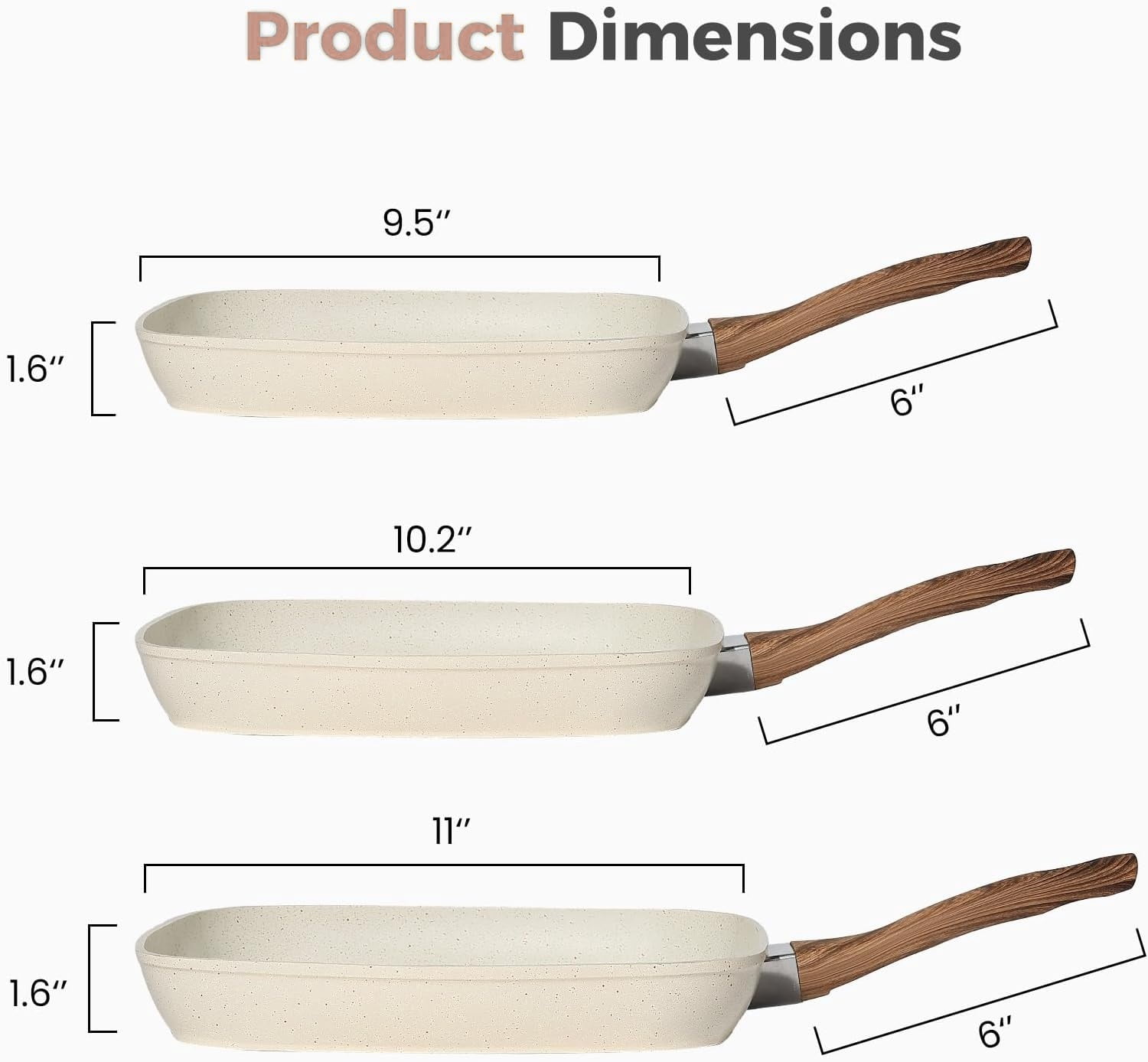 Parcus 3 Pieces Nonstick Grill Pan Set, Square Grill Pans with Stay-Cool Handles, Compatible with All Stovetops for Steak BBQ Vegetables, (9.5" 10" 11"), Beige