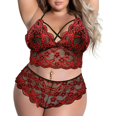 

Huachen Women s Plus Size Sexy Lingerie Lace Embroidery Two Point Three Piece Split Suit Red/M