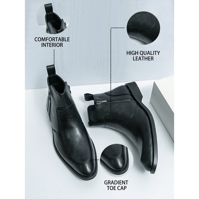 Men's New Fashion Street Style Chelsea Boot, Business Party Shoe, Casual High Top Shoe, Pointed Toe, Leather, Side Zipper, All-Match, Show Model