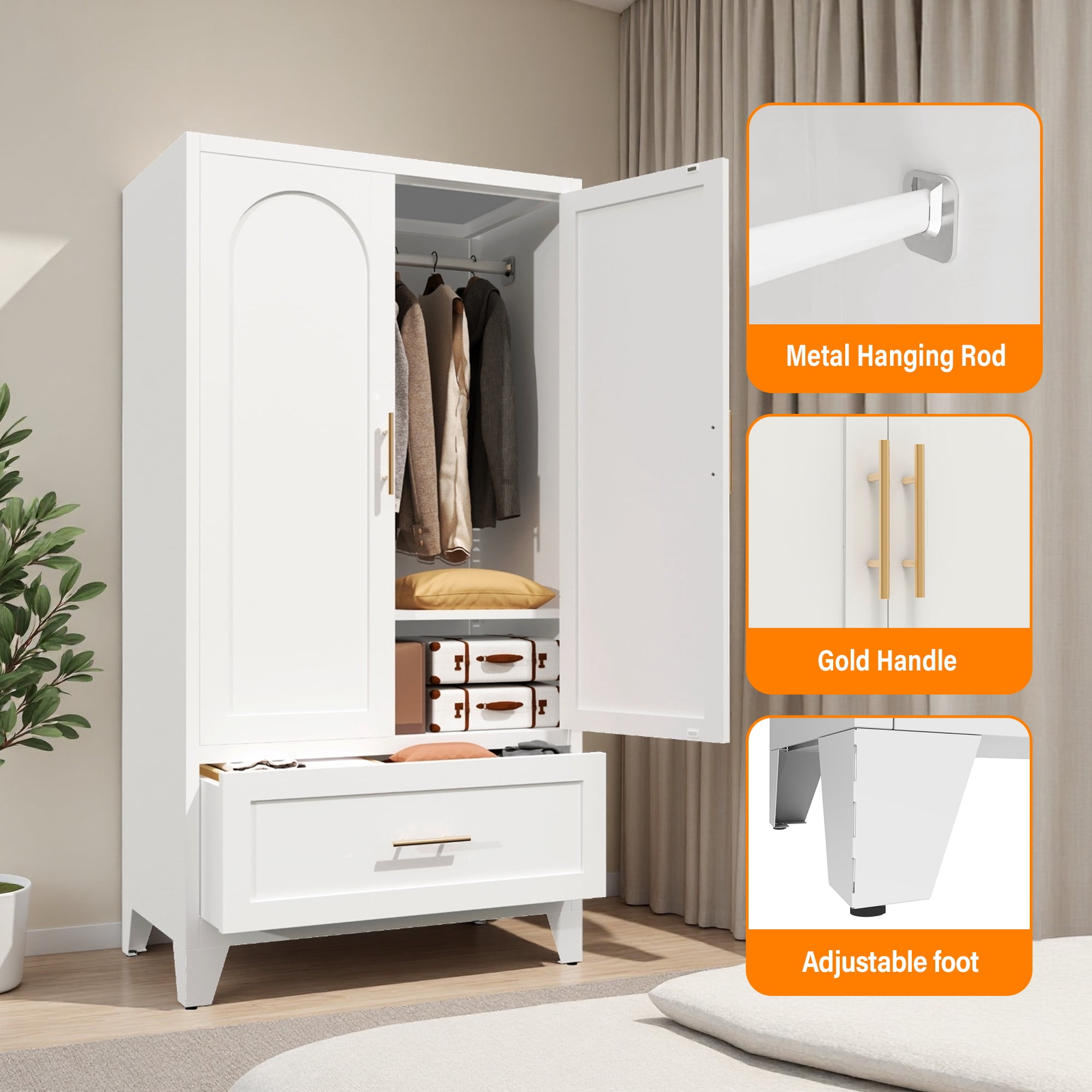 avobird 60" Tall Metal Wardrobe Cabinet with 1 Drawer and Hanging Rod, 2 Doors Wardrobe Closet with Shelf for Bedroom, Black