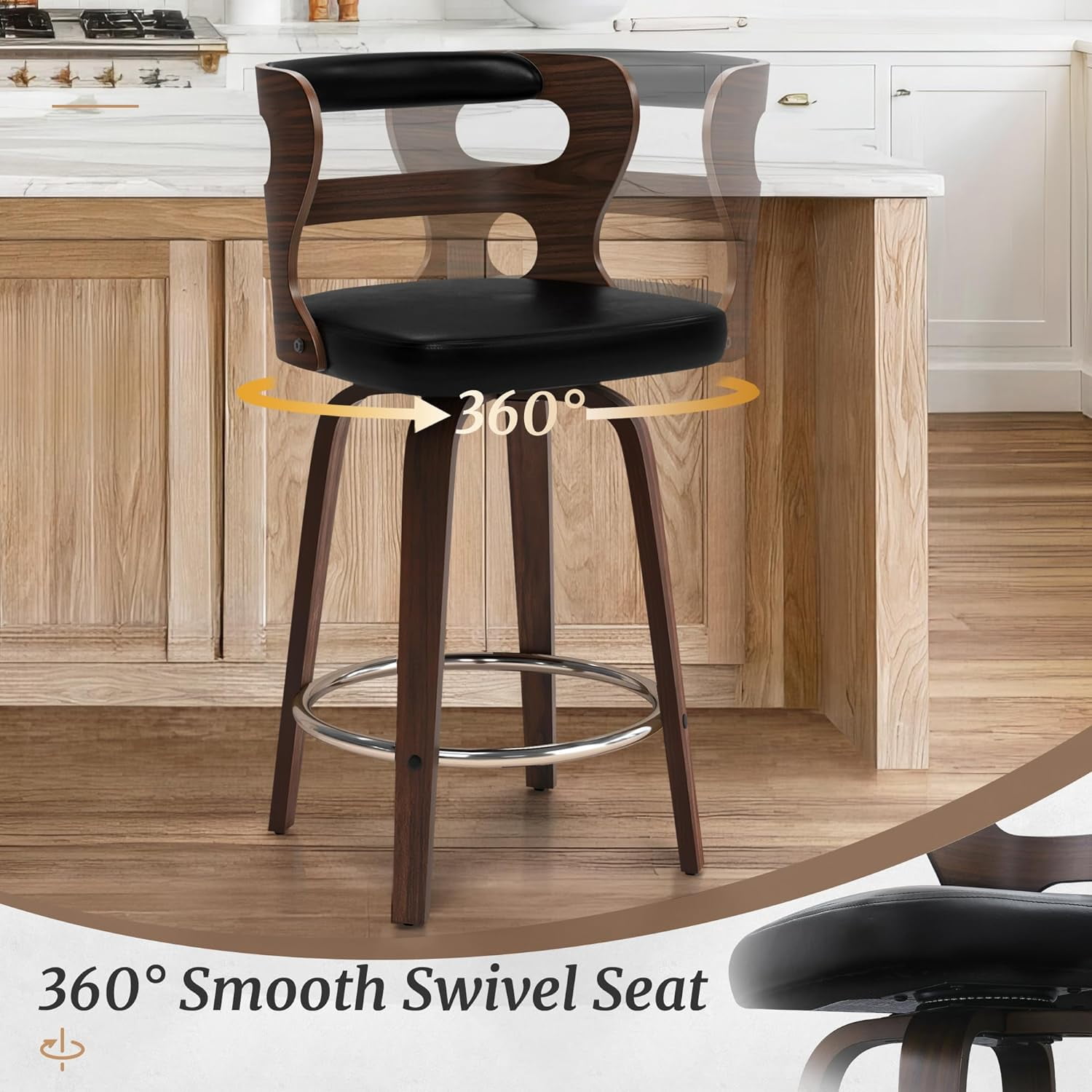 Dycanpo 26" Counter Height Bar Stools, Swivel Counter Stools with Back for Kitchen Island, Black