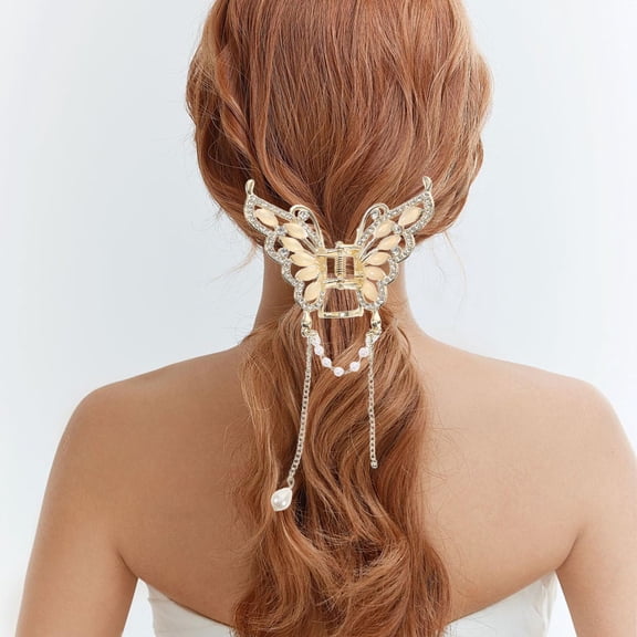 PENIKOKO Silver Alloy Elegant Butterfly Hair Clip for Women's Decorative Claw Clip with Cat's Eye Stones 3.5 Inches