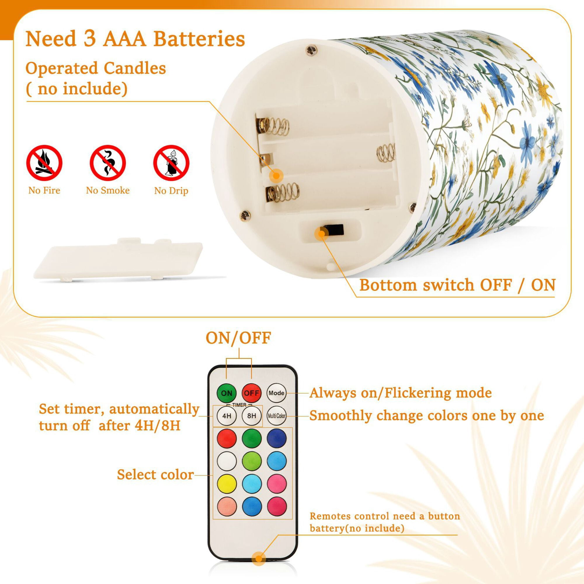 Yayeee Flameless Candles with Remote Flickering Battery Operated Multi Color Changing, Blue Floral
