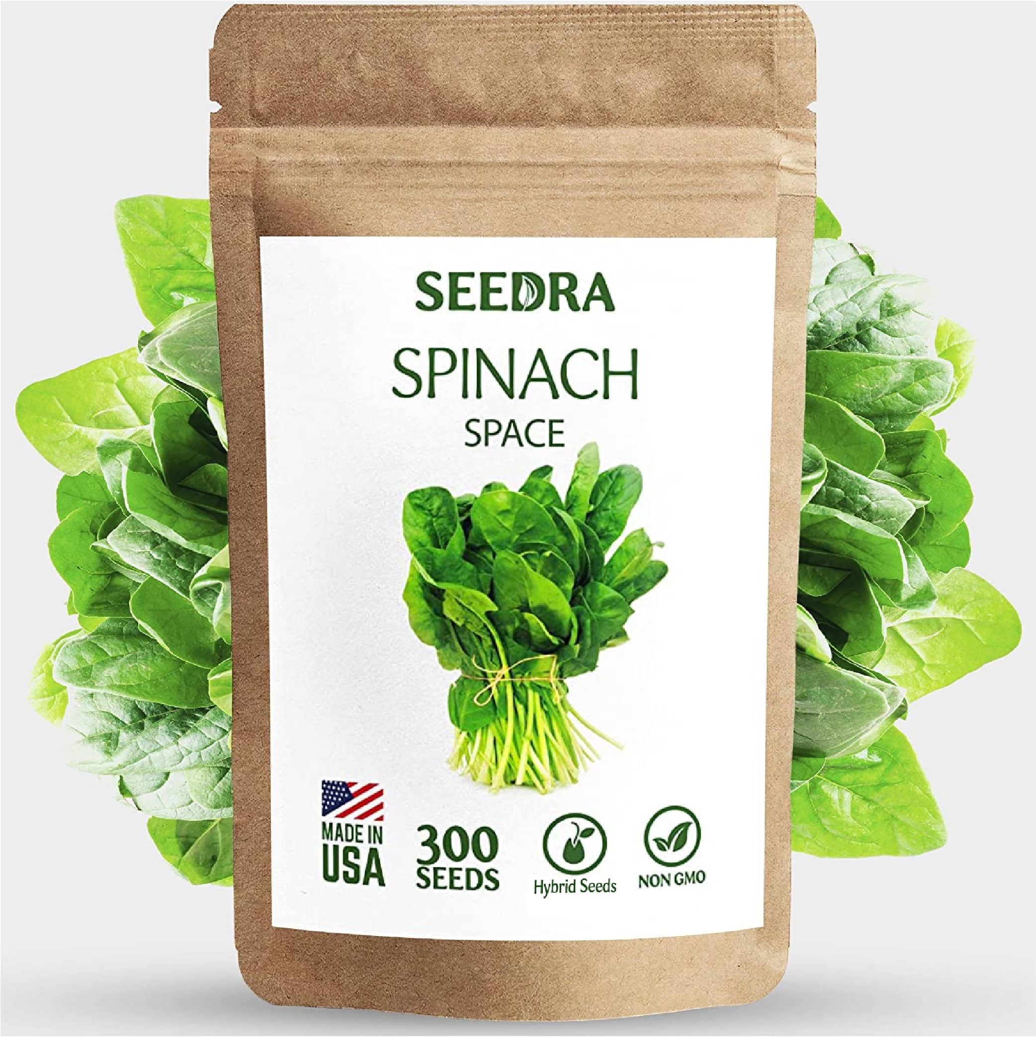 SEEDRA.US 300+ Spinach Seeds for Indoor, Outdoor and Hydroponic Planting, Non GMO Hybrid Seeds for Home Garden - 1 Pack