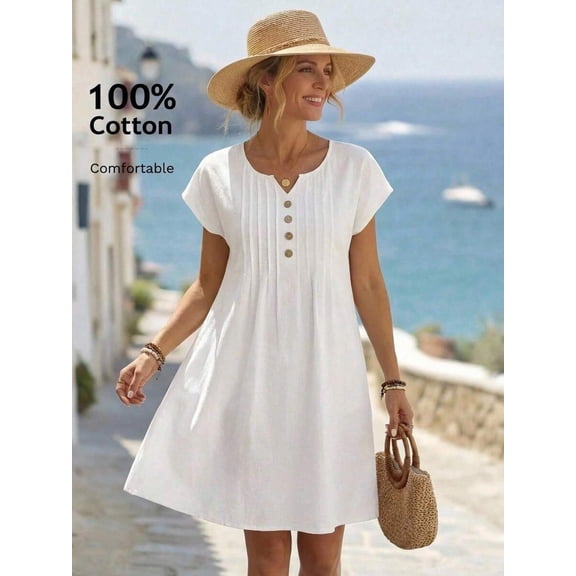 White 100% Cotton Button-Front Bat Sleeve Casual Short Dress For Women