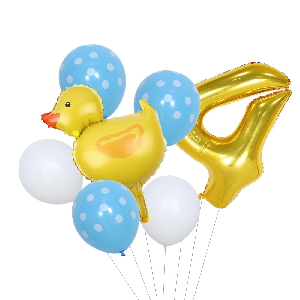 Small yellow duck-shaped floating air balloon sets with digital balloons for birthday party decoration.