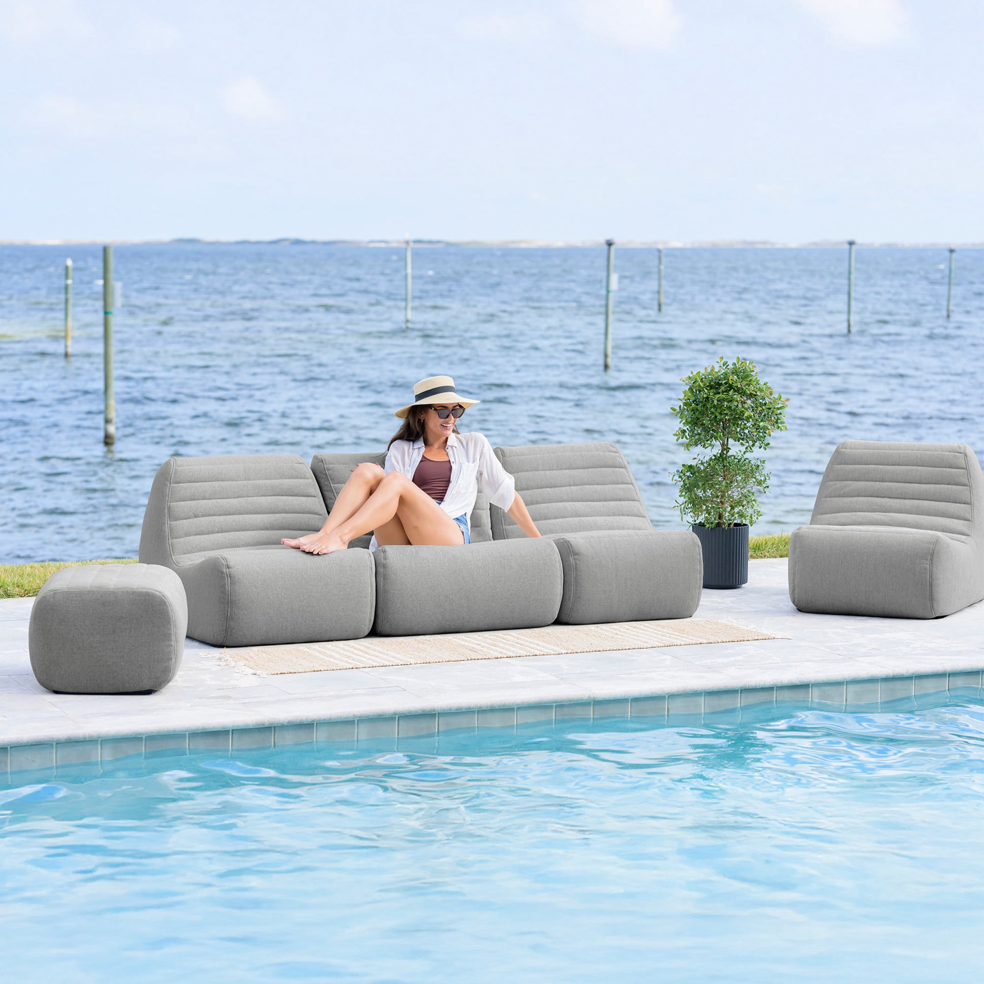 Big Joe Solvana Outdoor Sectional, 7 Piece Patio Furniture Set, Performance Linen Weather-Resistant Fabric Sofa, Port Gray