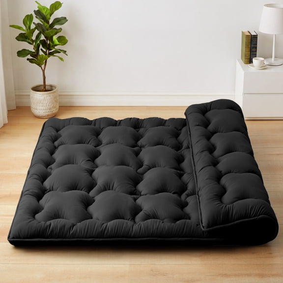COZY HARBOR Japanese Futon Floor Mat 2 Inch Wave Quilted Shredded Memory Foam Foldable Mat Twin Size,Sleeping Pad,Black