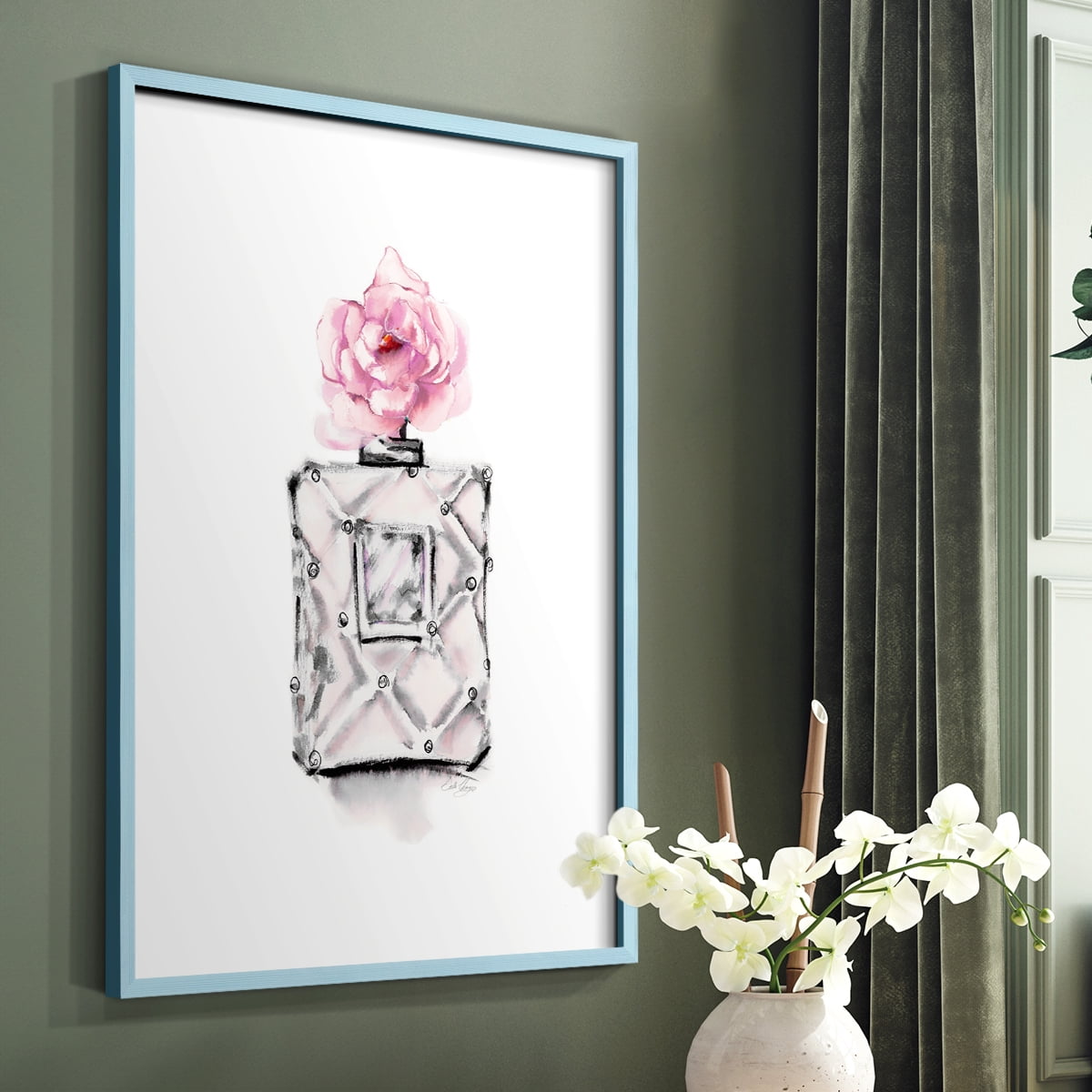 Perfume Bottle in Blue Solid Wood 11 x 14 Framed Print
