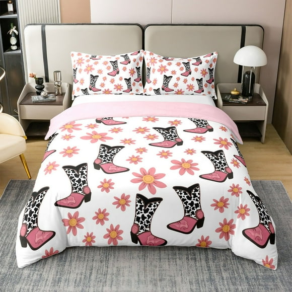 Erosebridal Cowgirl Boot 100% Cotton Duvet Cover King Size, Groovy Floral 100% Cotton Comforter Cover King, Western Theme Decor, Reversible 3 Pieces（No Comforter）