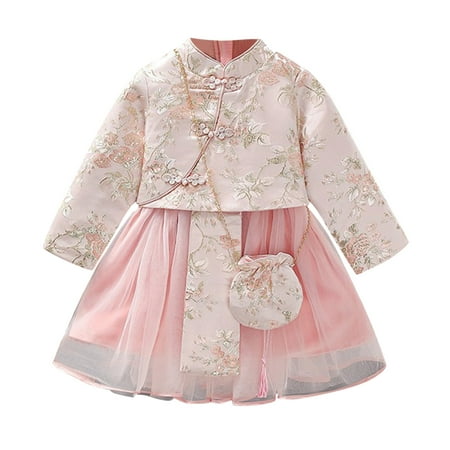

Toddler Kids Baby Children Kids Fairy Dresses For New Year Fleece Lined Warm Princess Dresses Embroidery Suit With Bag Performance