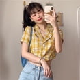 thumbnail image 2 of Camisa de mujer Summer Plaid Manga corta Botón Chaqueta Coat para niñas, Amarillo Methold AP001451-03B, 2 of 7